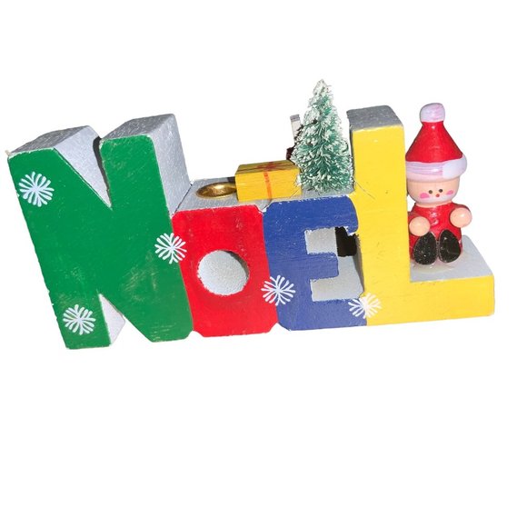 VINTAGE WOOD NOEL CANDLE HOLDER WITH BOTTLEBRUSH TREE SANTA decor - Picture 2 of 10